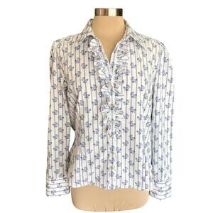 Tommy Hilfiger White Blue Floral Print Pearl Snap Button Up Top Ruffled Size XL